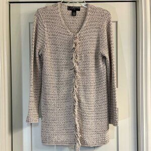 EUC Peck & Peck Ivory Variegated Knit Sweater w/ Fringe Front Trim Size Small